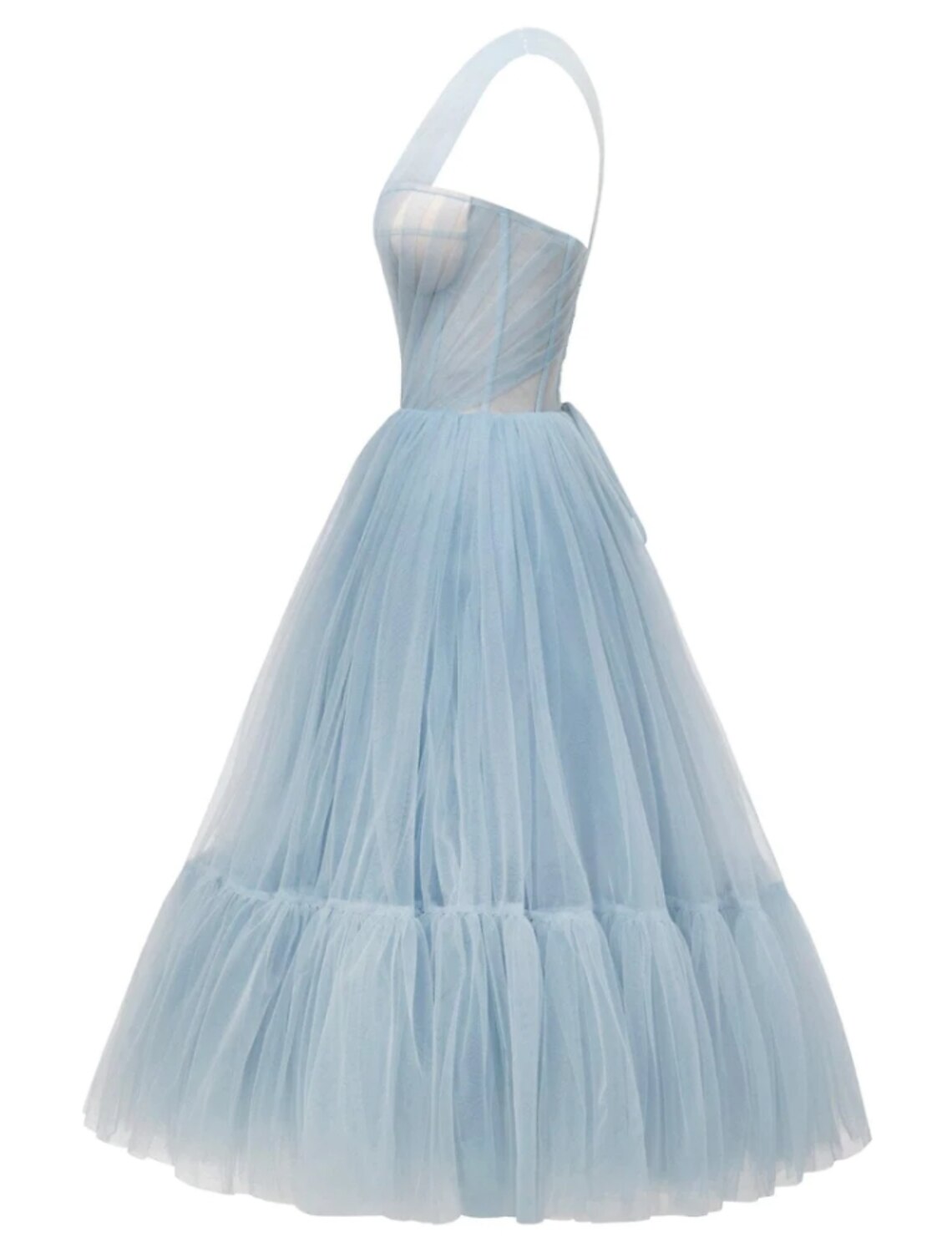 Back view of the one-shoulder tea-length gown with flowing tulle.