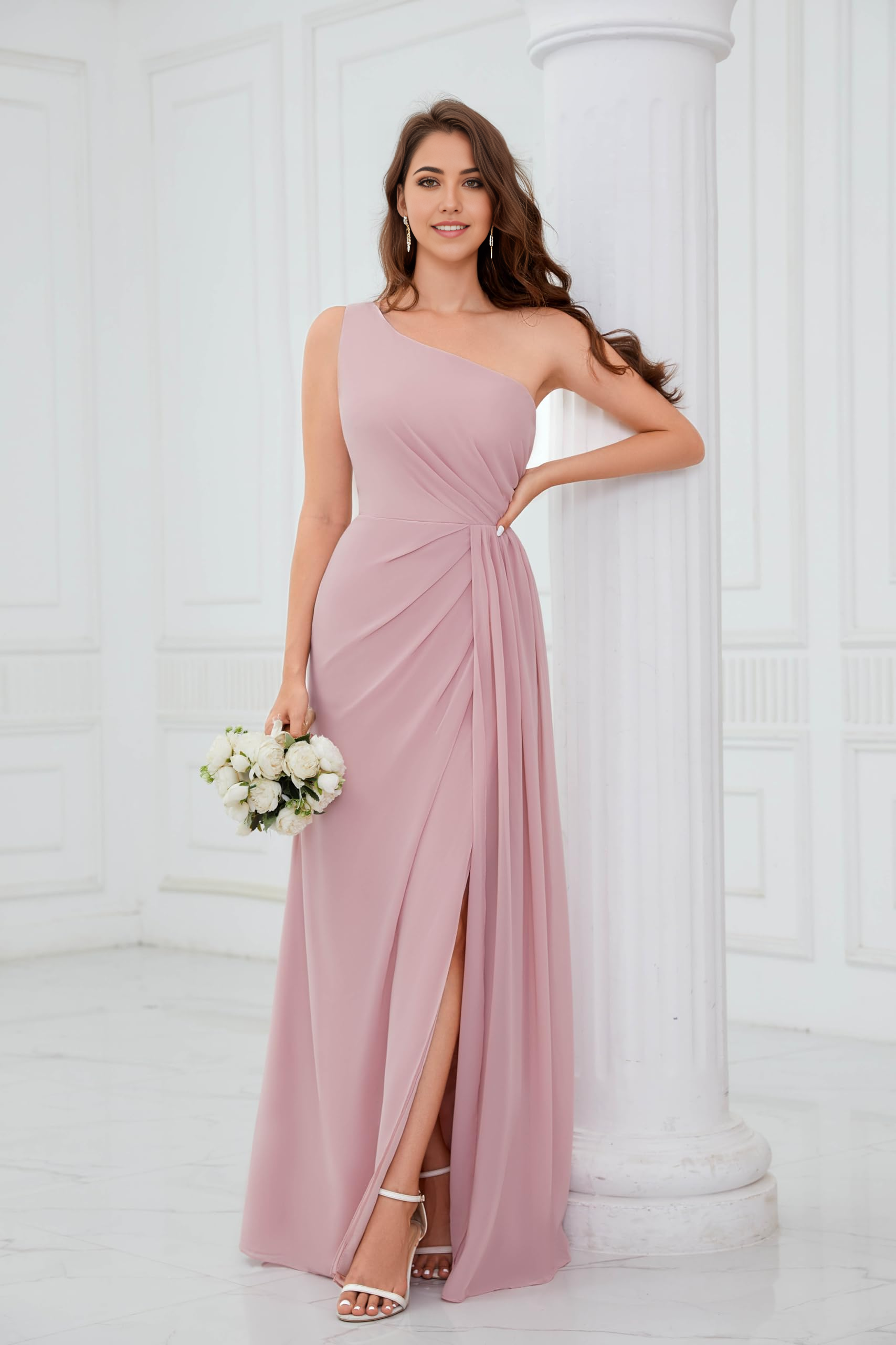 Elegant teal A-line one-shoulder ruched chiffon formal dress with a high slit.