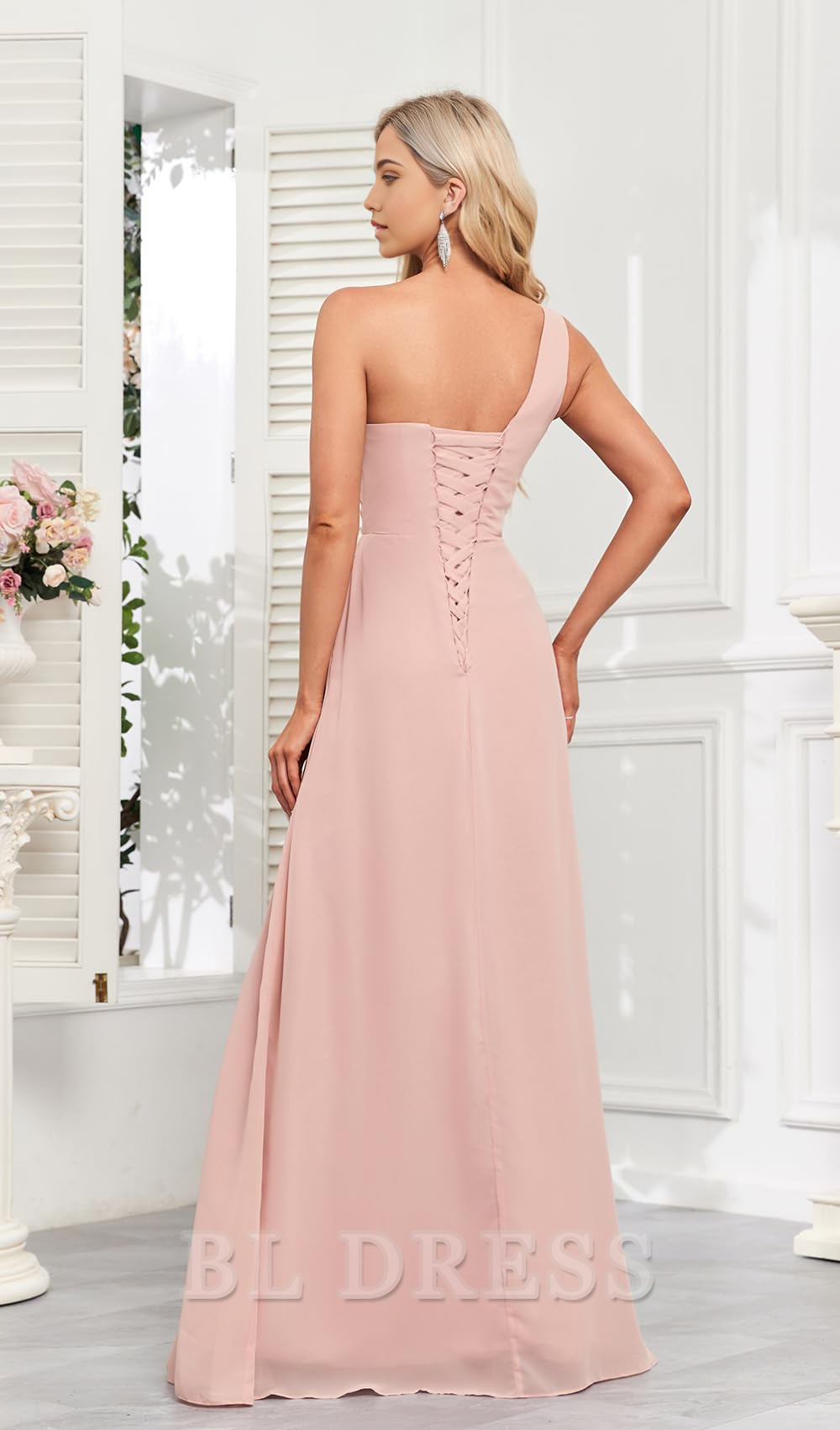 Back view of the long A-line formal gown.