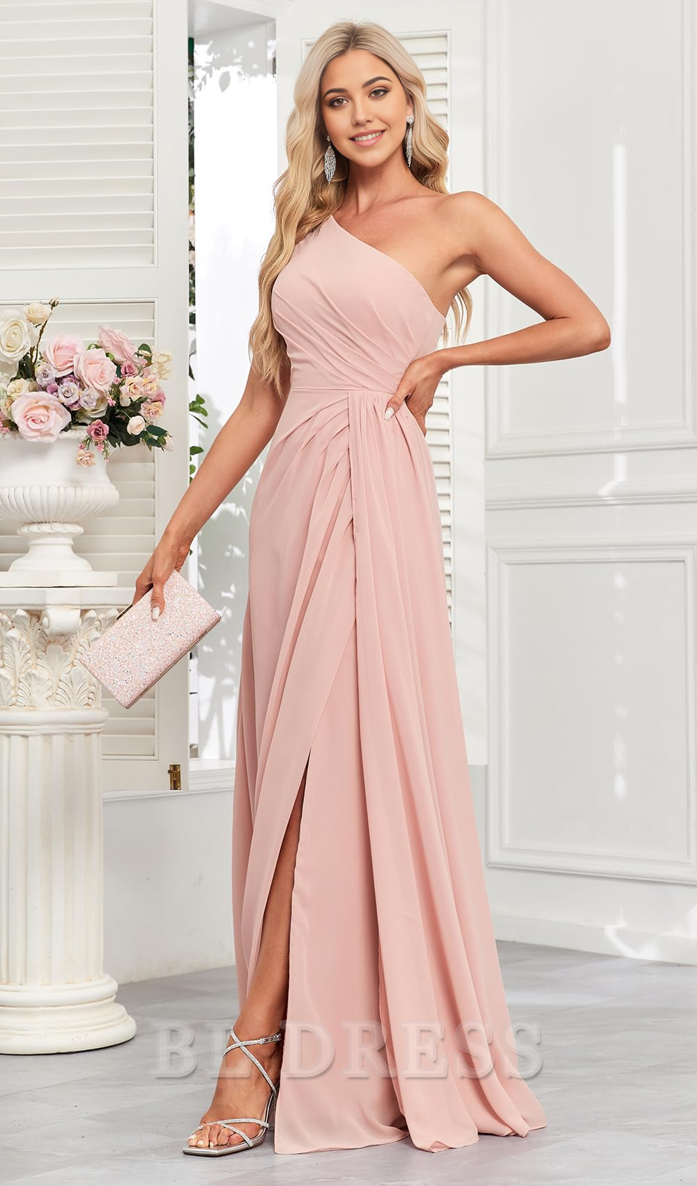 Close-up of the chiffon fabric and high slit on the formal dress.