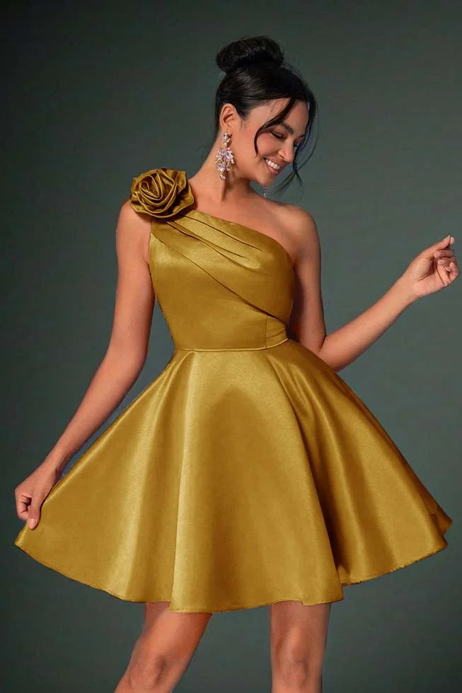 Model wearing an elegant one-shoulder ruched floral satin A-line homecoming dress.