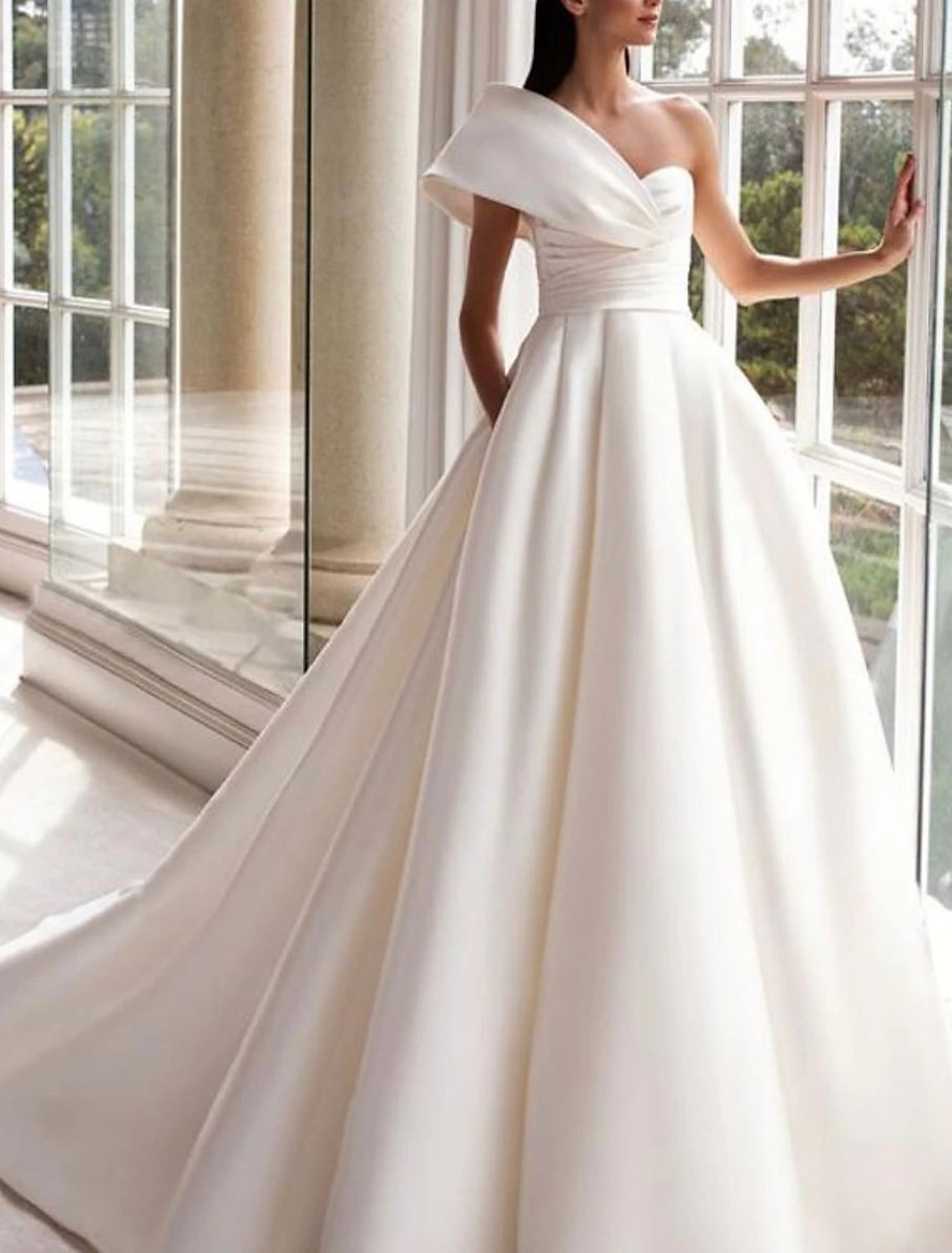 Full length view of the one-shoulder satin gown, suitable for formal occasions.
