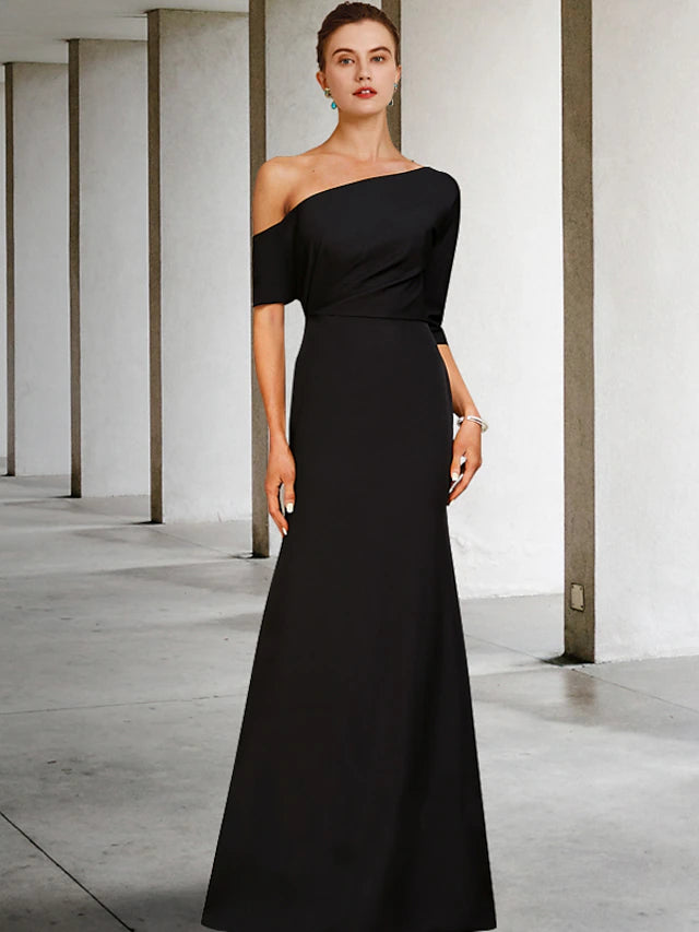 Elegant A-Line Mother of the Bride dress in charmeuse fabric, featuring a one-shoulder neckline and 3/4 length ruffled.