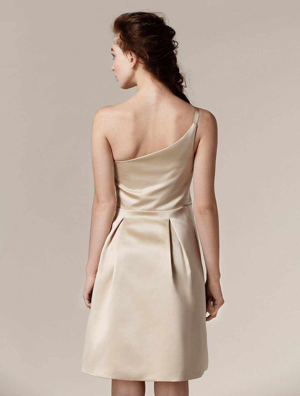 A-Line one-shoulder satin bridesmaid dress with side draping, knee length.