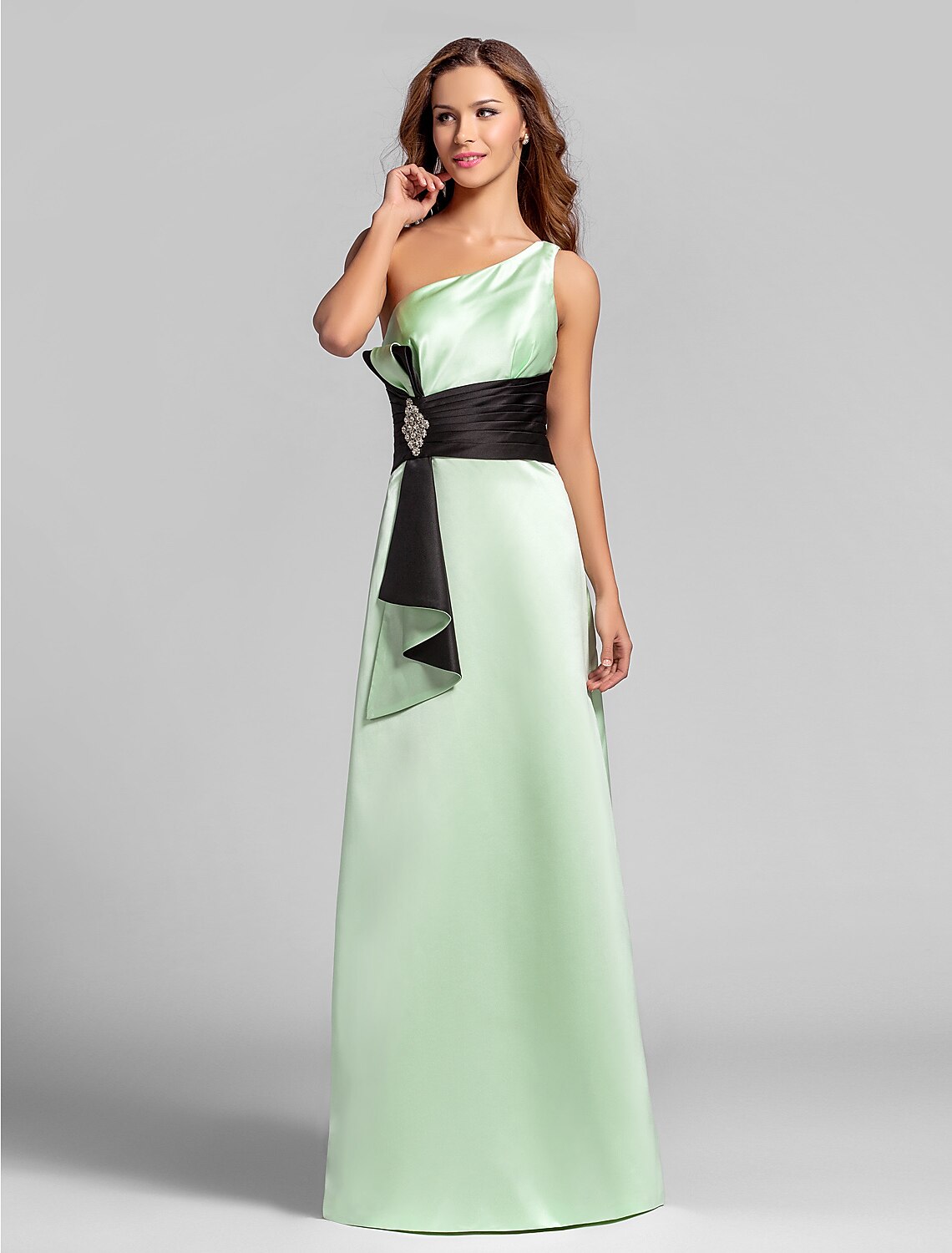 Elegant A-line one-shoulder satin bridesmaid dress.