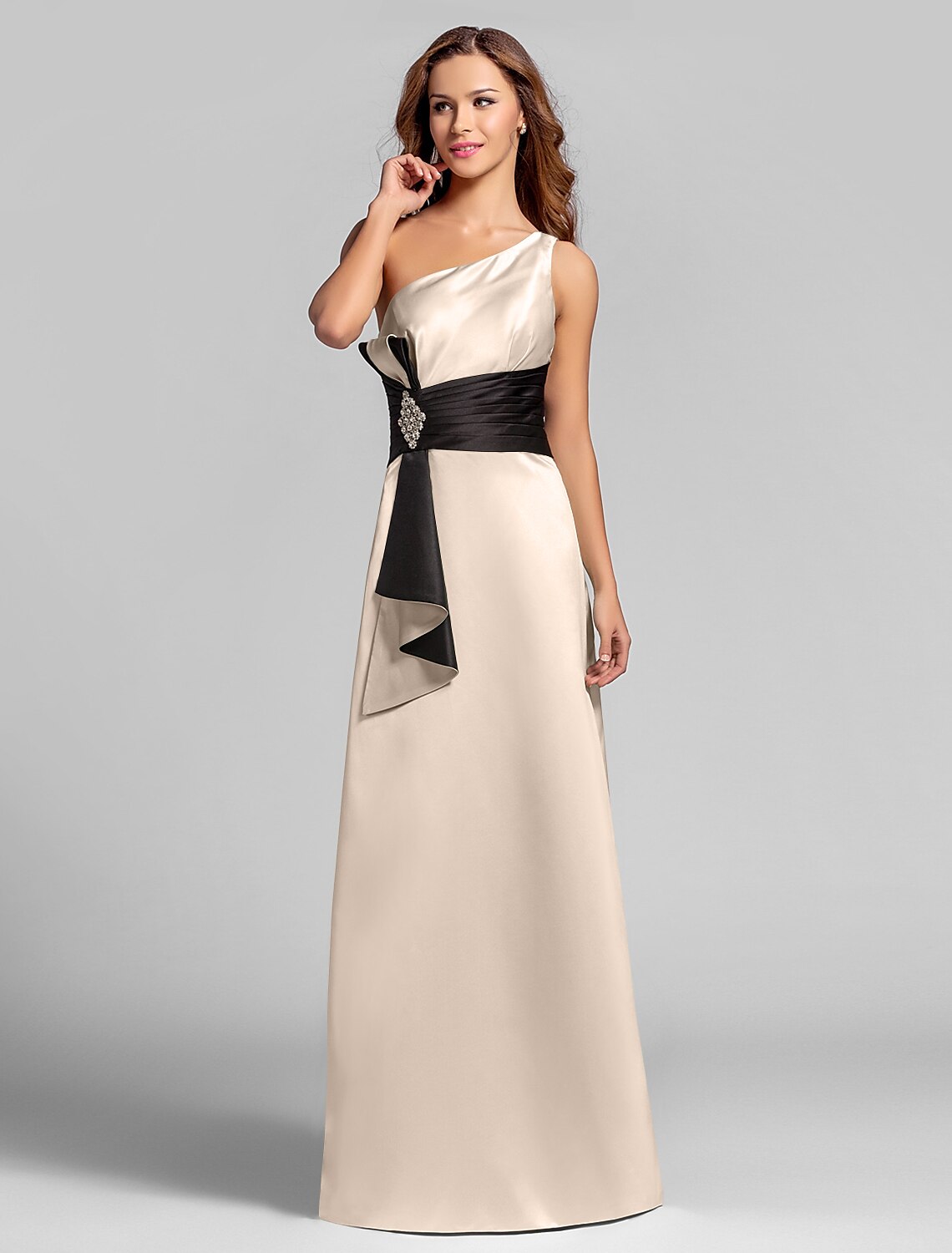 Back view of A-line satin bridesmaid dress with flowing skirt.