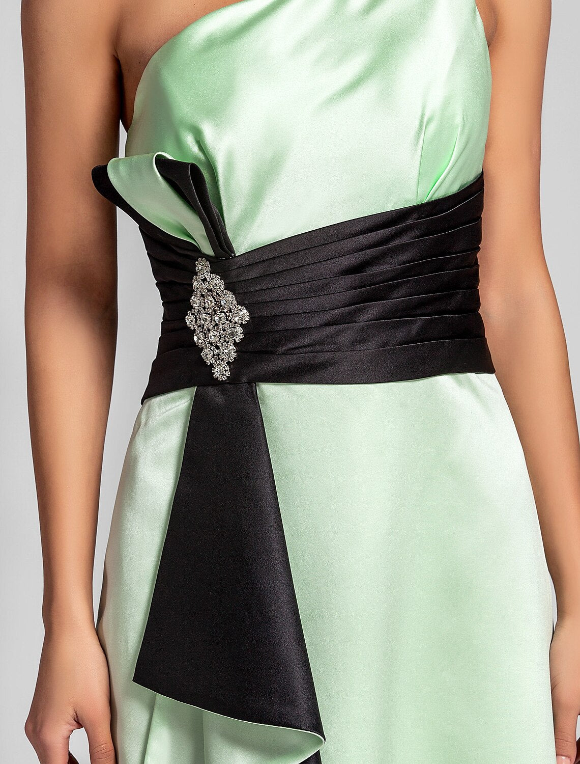 Full length view of A-line satin bridesmaid dress.