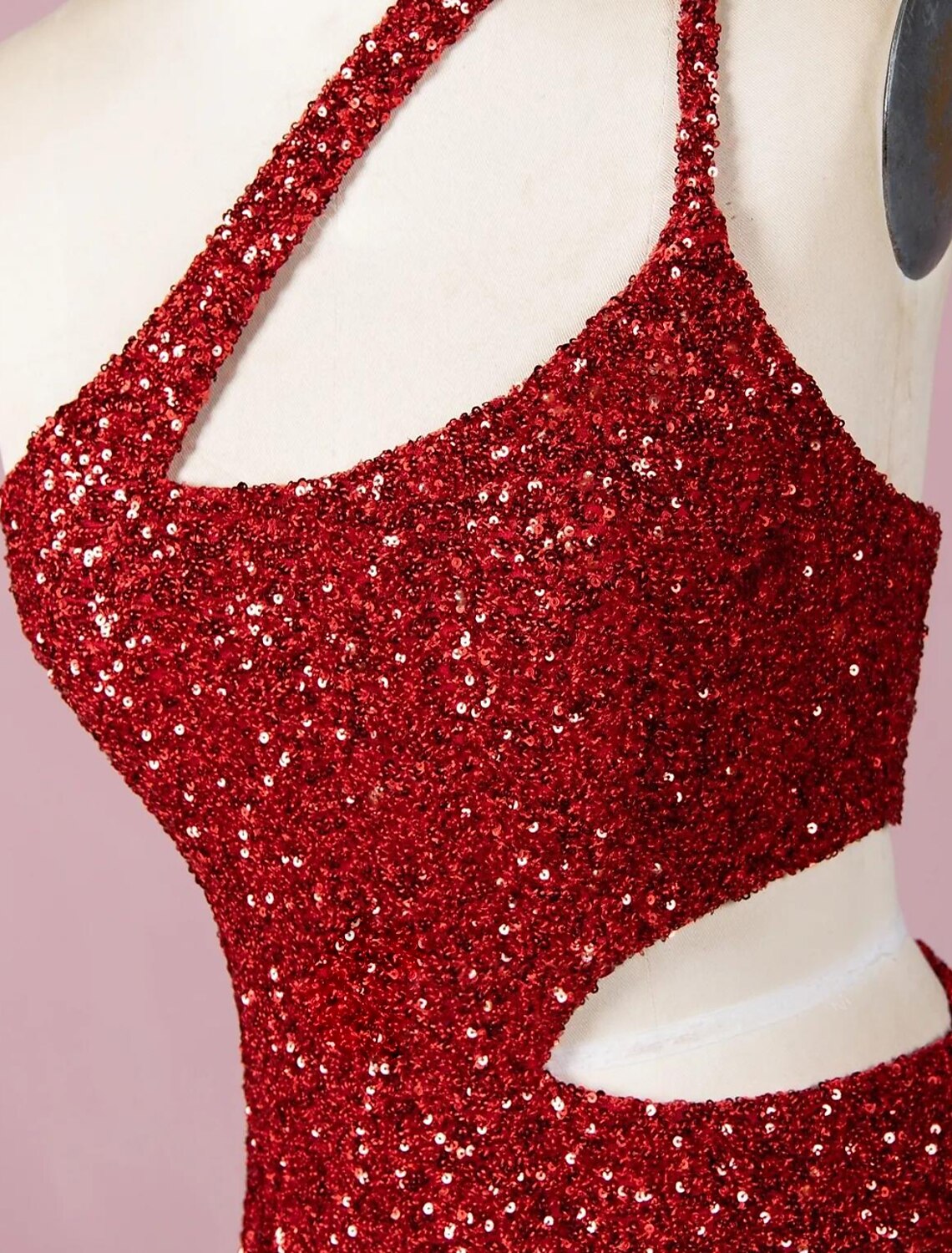 Back view of the sequined A-line gown with a subtle train.