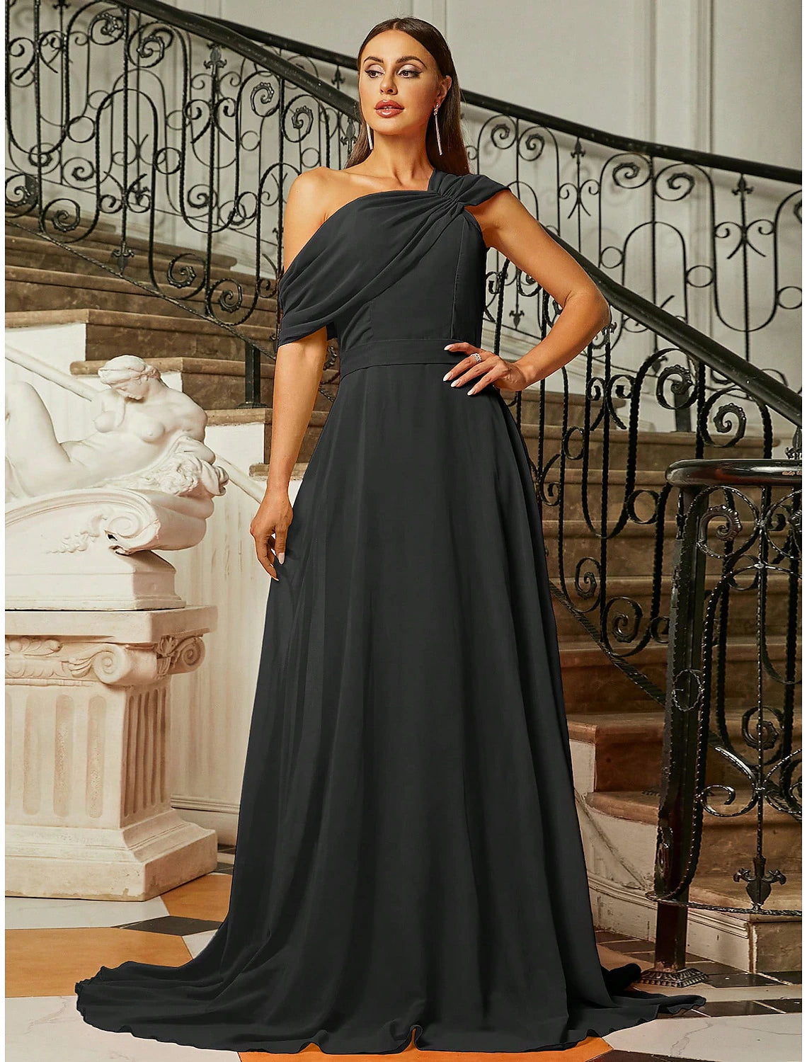 Elegant A-line one-shoulder evening gown with short sleeve and pleats.