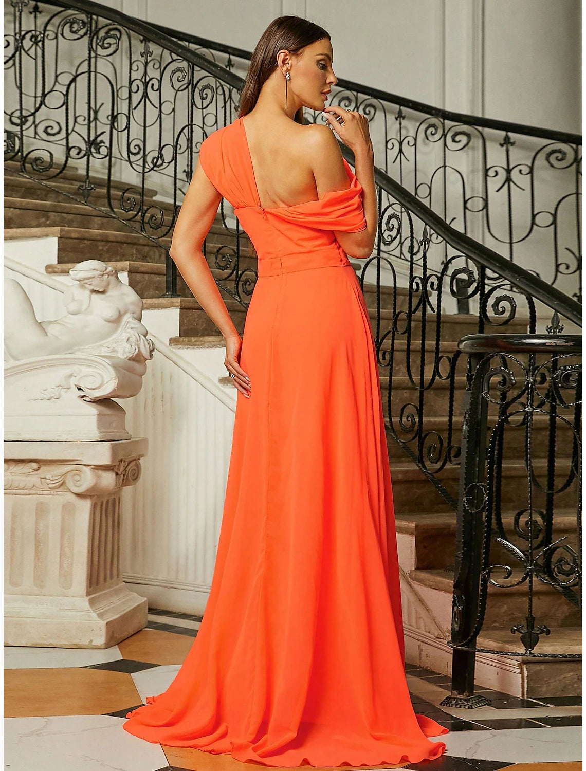 Full length view of the formal A-line dress, highlighting its silhouette.