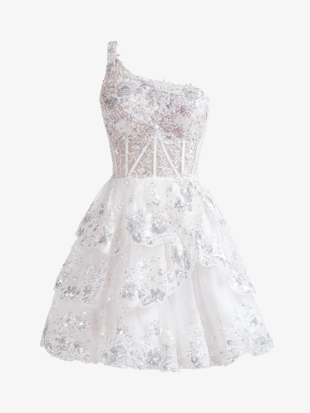 Elegant A-line one-shoulder tiered lace short homecoming dress.
