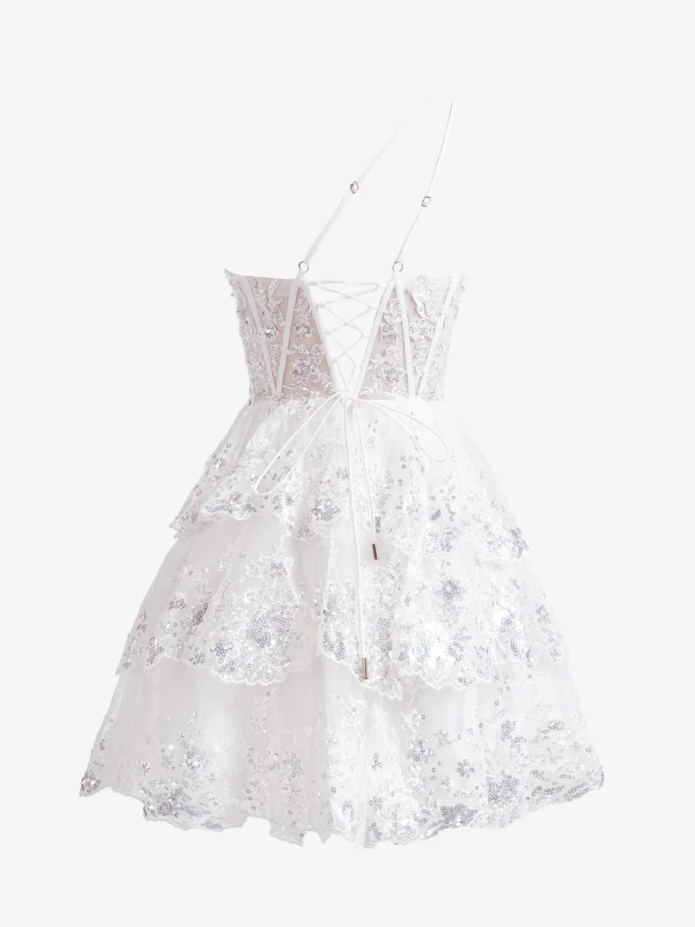 Back view of a short tiered lace homecoming dress with one shoulder.