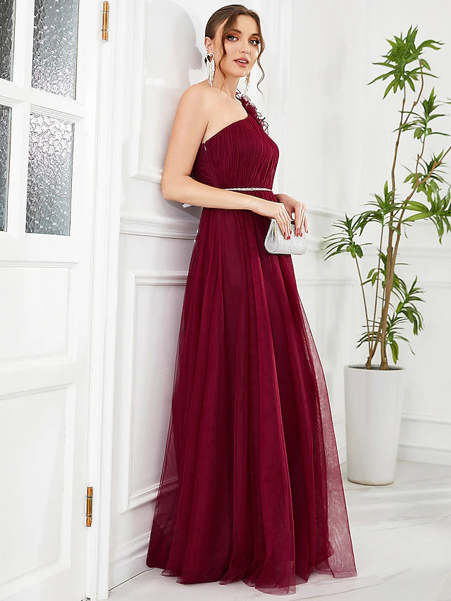 Back view of the A-Line one-shoulder floor-length gown.