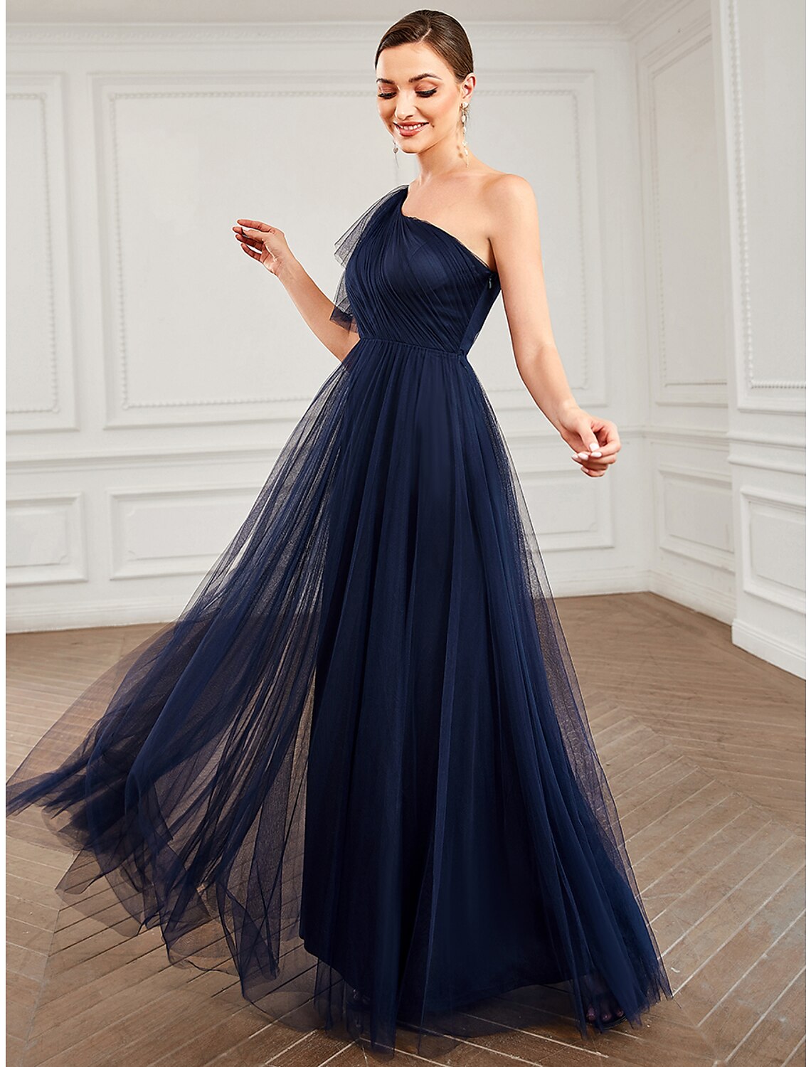 Elegant A-line one-shoulder quinceanera dress with a delicate shoulder flower.