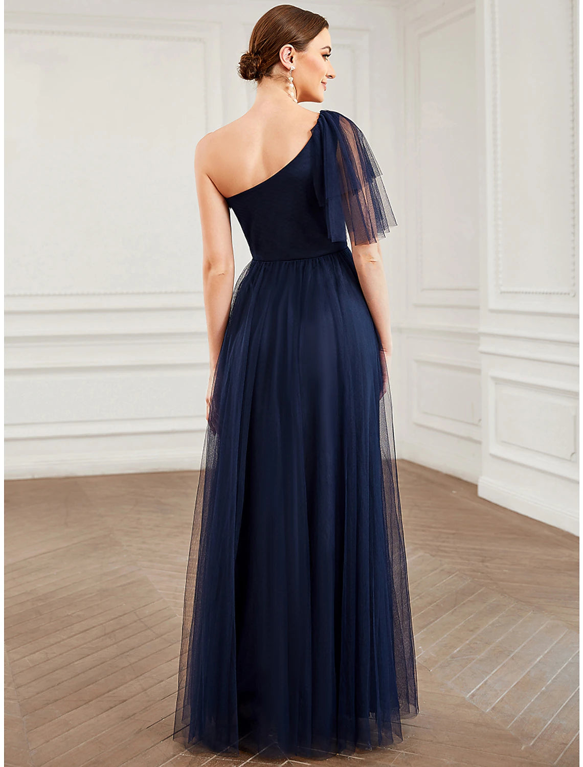 Full view of the elegant one-shoulder party dress for quinceanera.