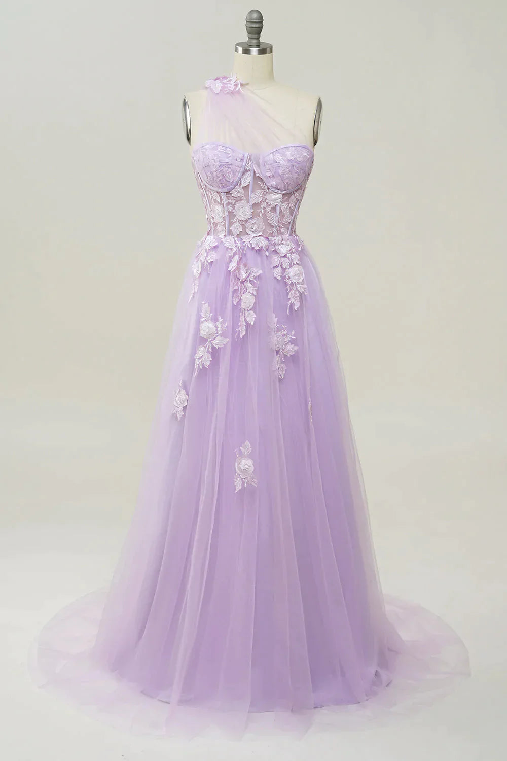 Elegant A-line purple tulle prom dress with one shoulder neckline, front view.