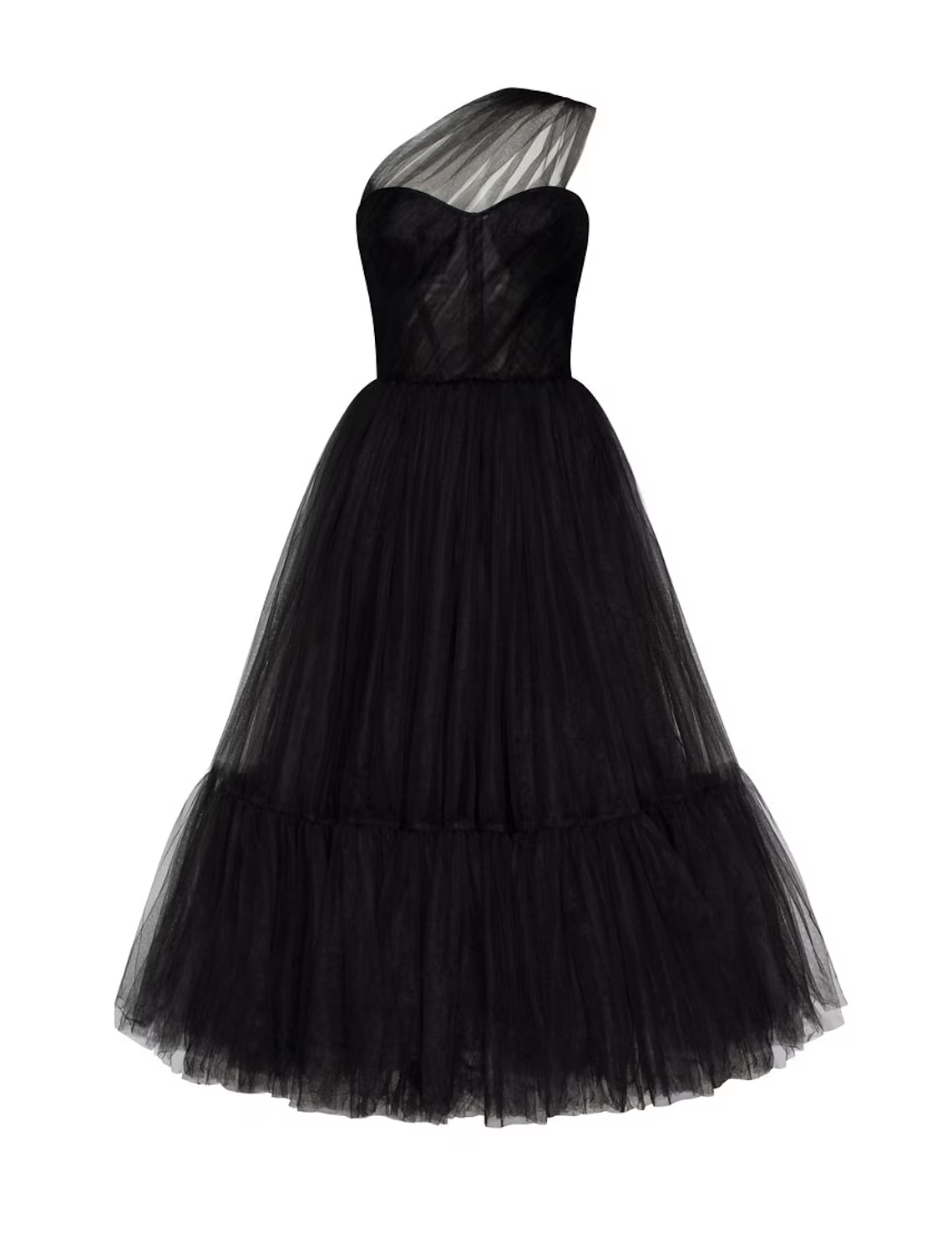 Elegant A-line one-shoulder tulle dress with pleats.