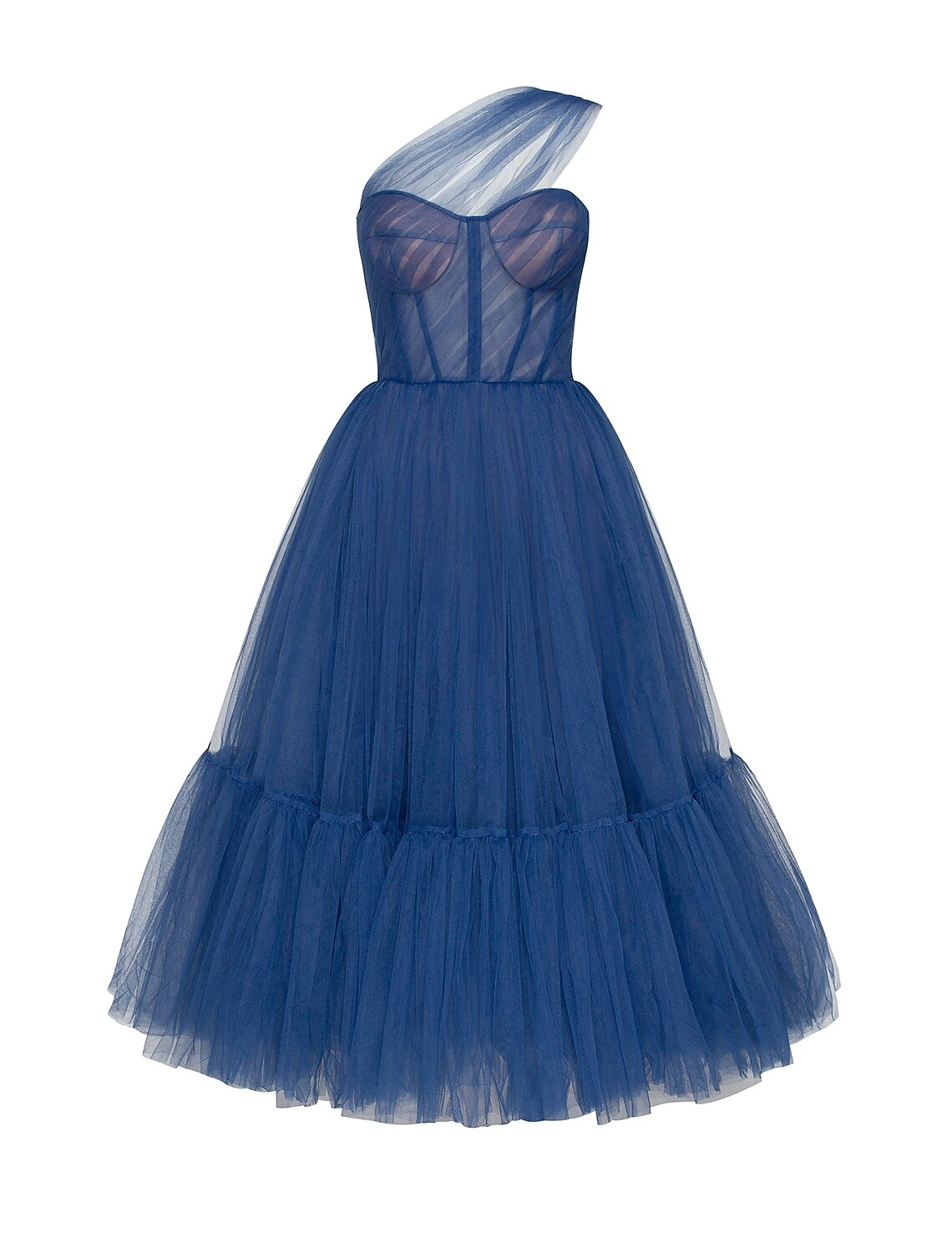 Back view of a pleated ankle-length one-shoulder dress.