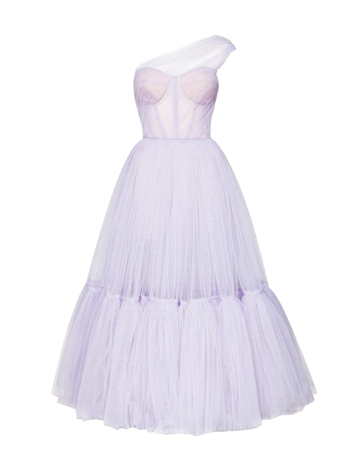 Close-up of the tulle fabric and pleated detail on an A-line dress.