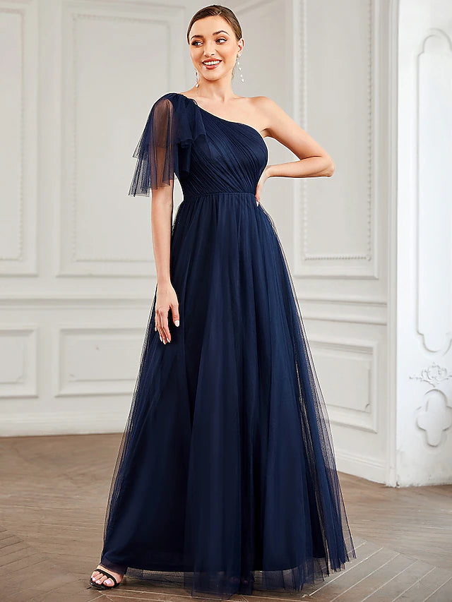Elegant A-Line one-shoulder tulle Quinceanera dress with shoulder flower.