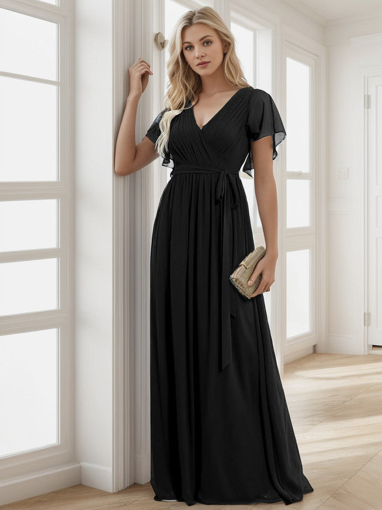 Black A-Line pleated chiffon evening dress with tie-waist.