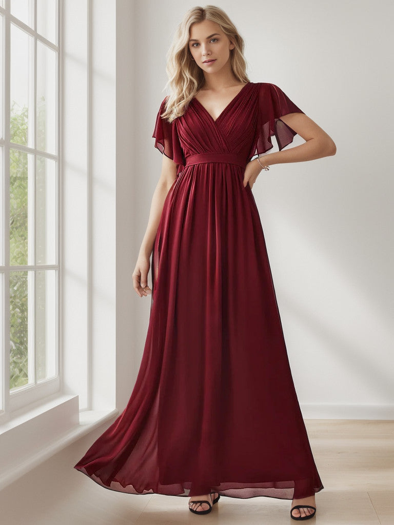 Burgundy A-Line pleated chiffon evening dress with tie-waist.