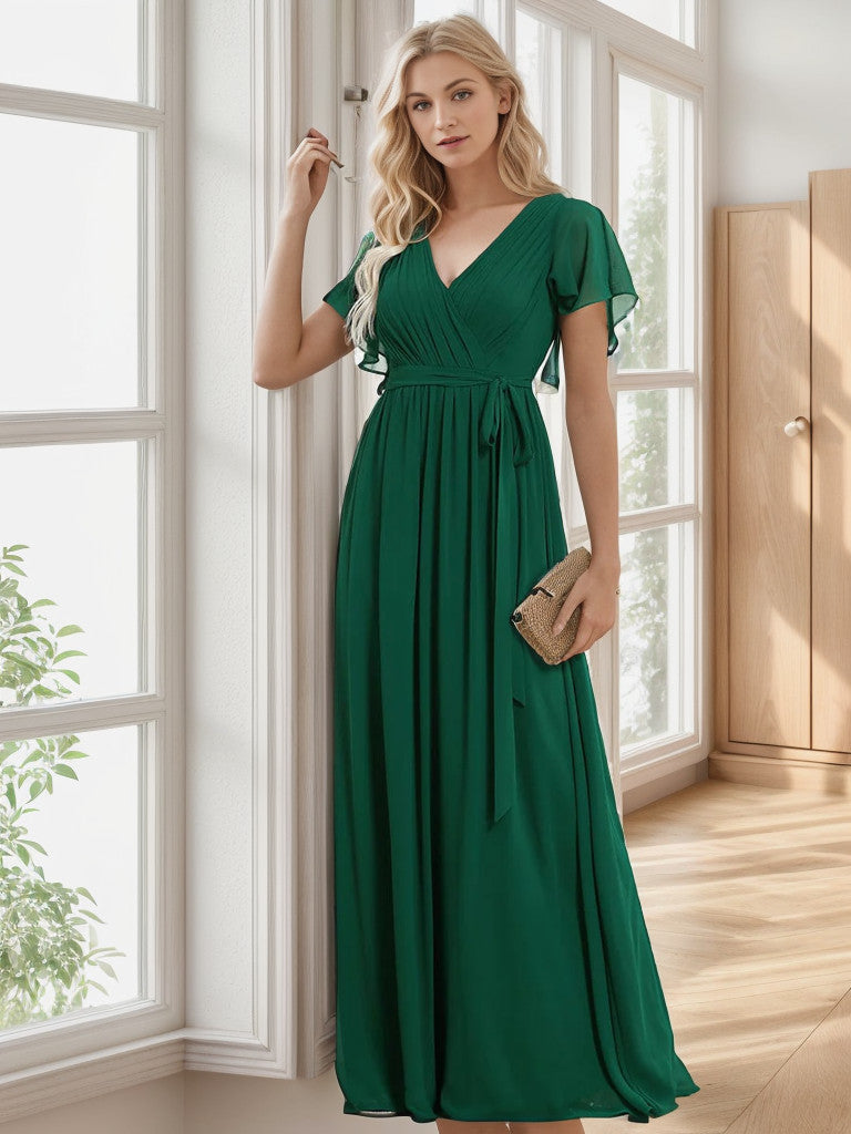 Dark green A-Line pleated chiffon evening dress with tie-waist.