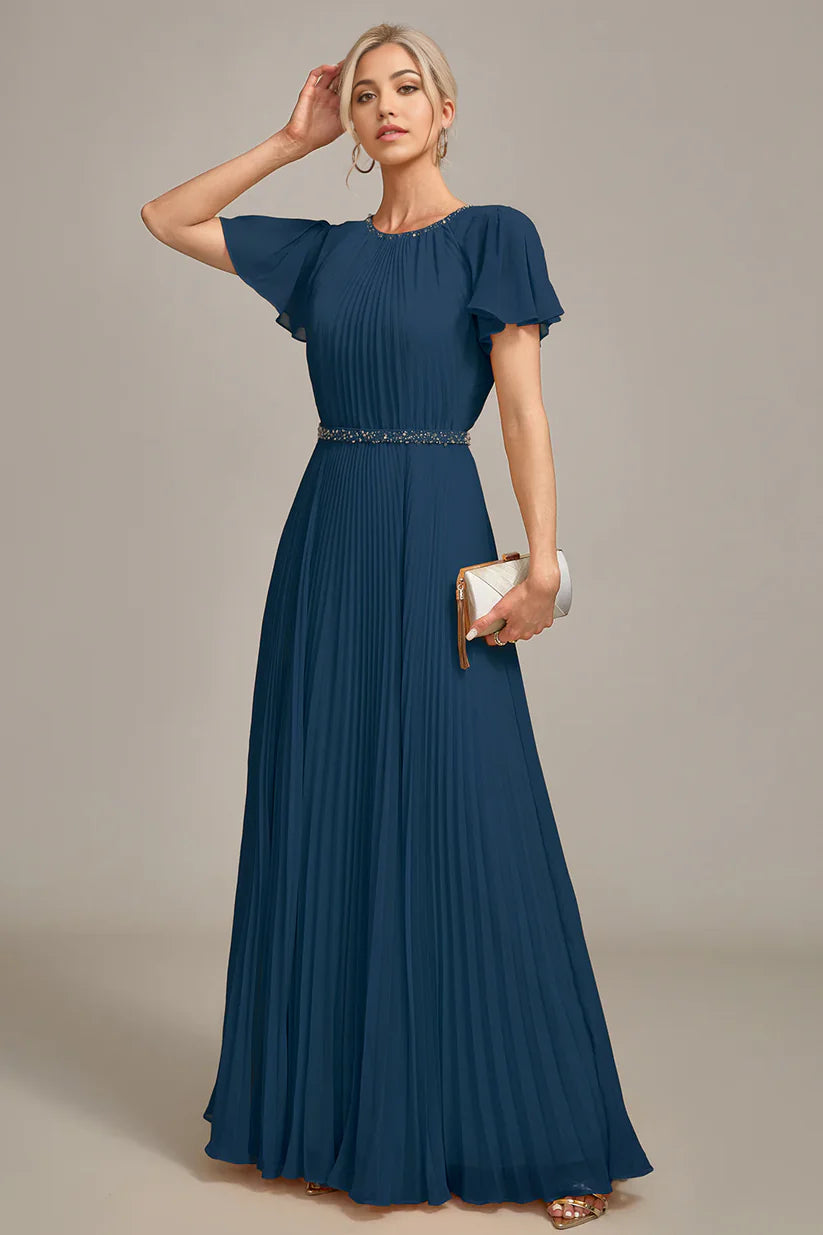 Back view of navy blue round neck formal dress.