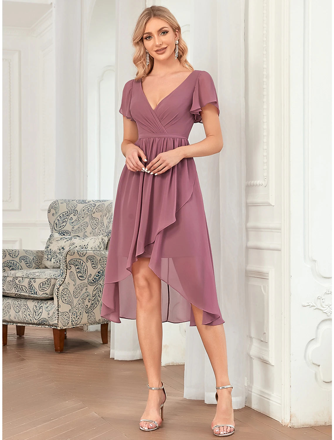 Chiffon short bridesmaid dress with delicate pleats, side view.