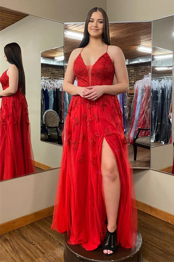 Elegant A-line prom dress with plunging V-neck, floral appliques, and a high slit.