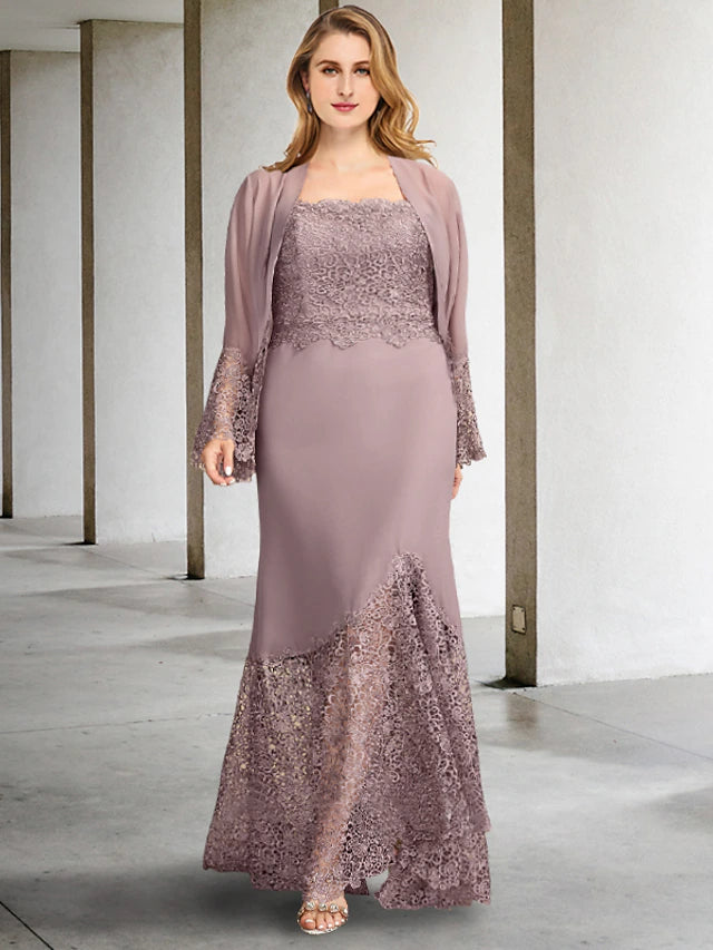 Plus size mother of the bride dress, elegant A-line silhouette with square neck and appliques.