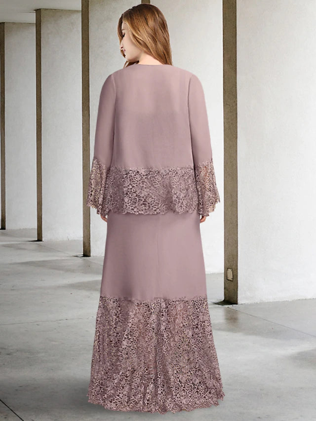 Back view of a two-piece chiffon mother of the bride dress, showing flowing skirt.