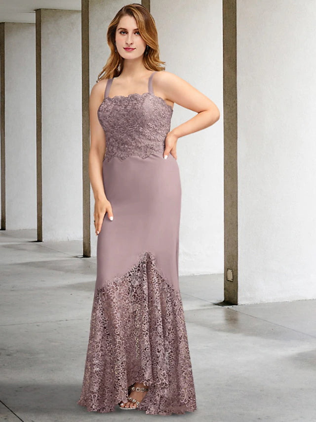 Close-up of appliques and square neckline on a plus size formal dress.