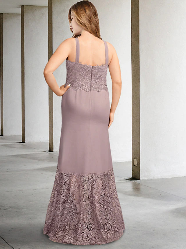 Full length view of an A-line plus size mother of the bride gown.