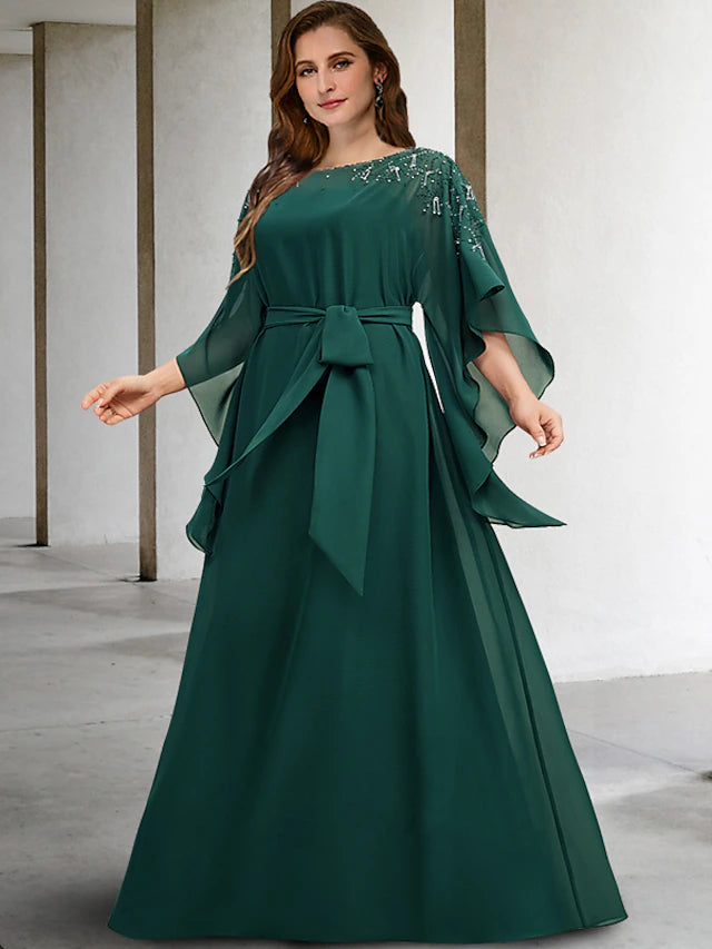 Elegant A-line plus size mother of the bride chiffon gown with beading and half sleeves.