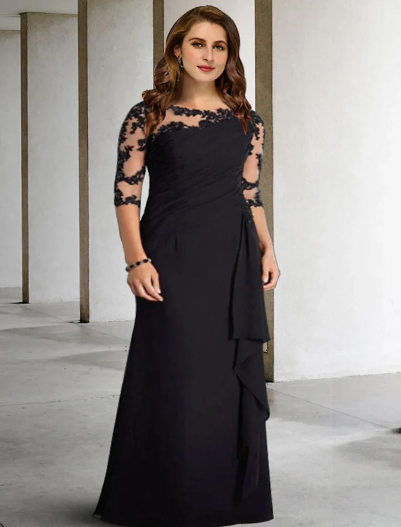 Elegant A-Line plus size Mother of the Bride dress in chiffon with half sleeves and pleats.