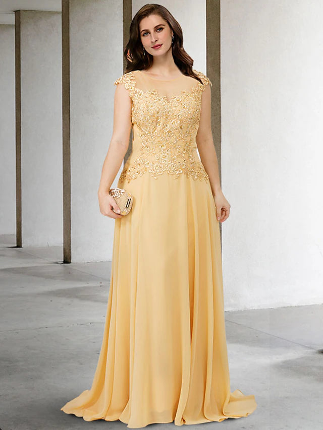 Elegant A-line plus size mother of the bride dress in chiffon with jewel neck and beading appliques, front view.