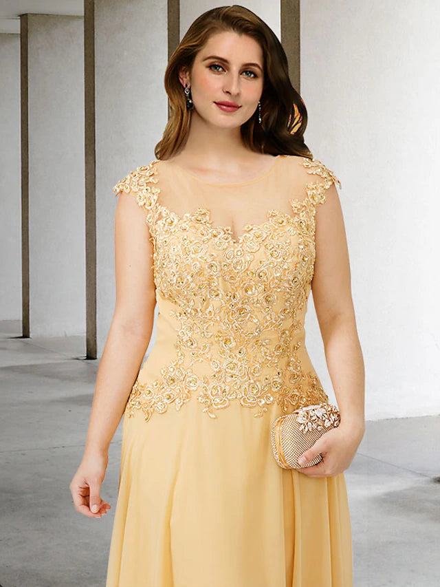 Side view of the A-line plus size mother of the bride dress, showcasing the sweep train and chiffon fabric.