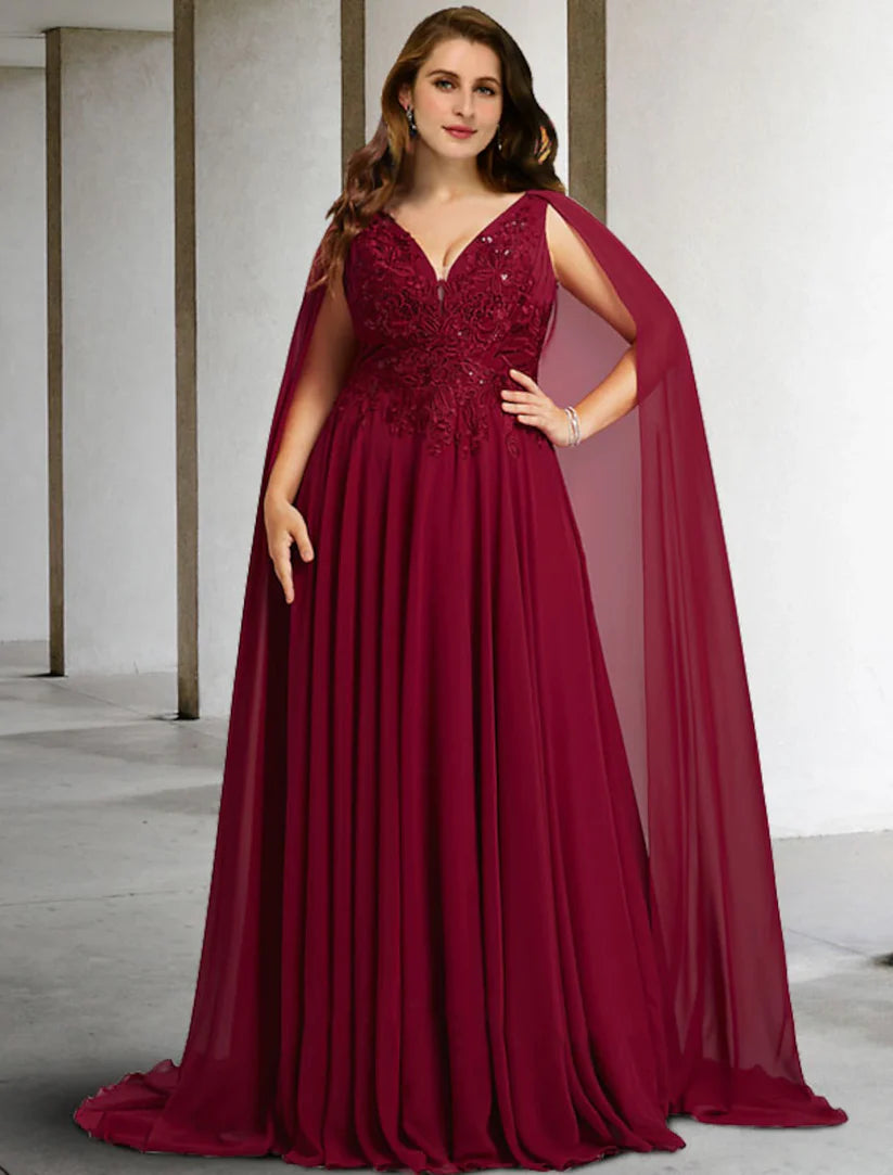 Elegant A-line V-neck plus size mother of the bride dress with lace and beading.