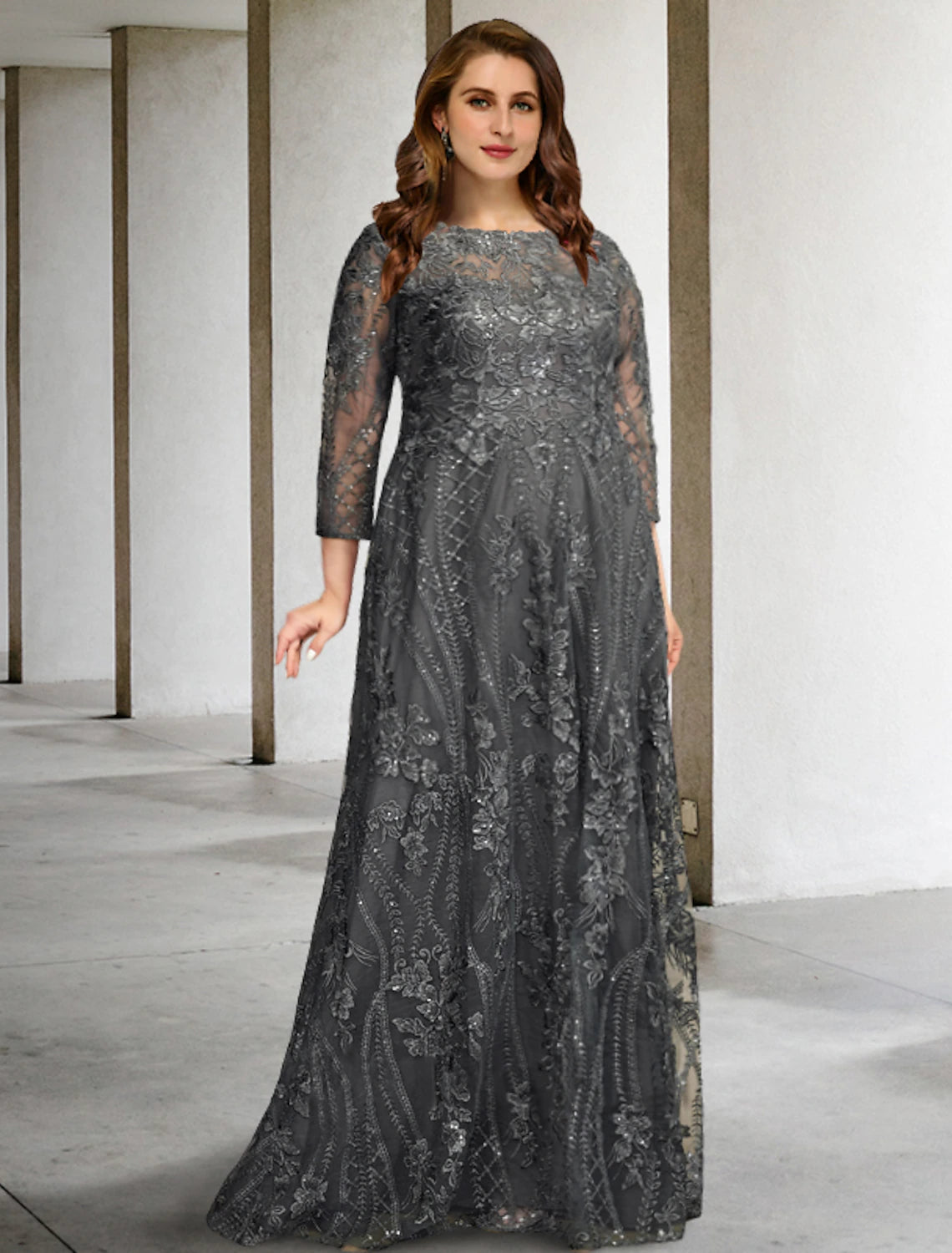 Elegant A-Line plus size Mother of the Bride dress with long sleeves and jewel neck.
