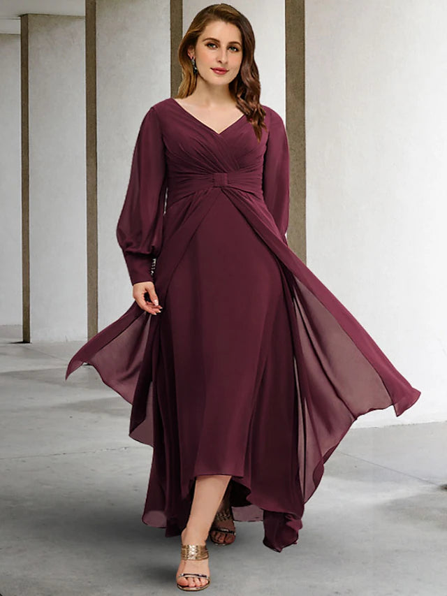 Plus size A-line off-shoulder chiffon dress with short sleeves and pleats.