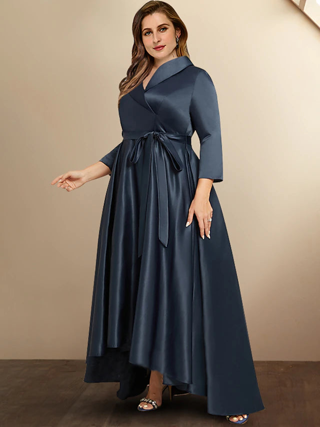 Plus size A-line satin high-low dress with shirt collar and 3/4 sleeves.