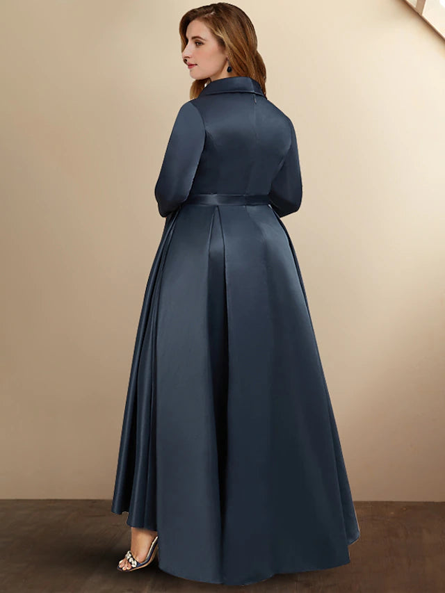 Side view of the plus size A-line satin high-low dress with bow detail.