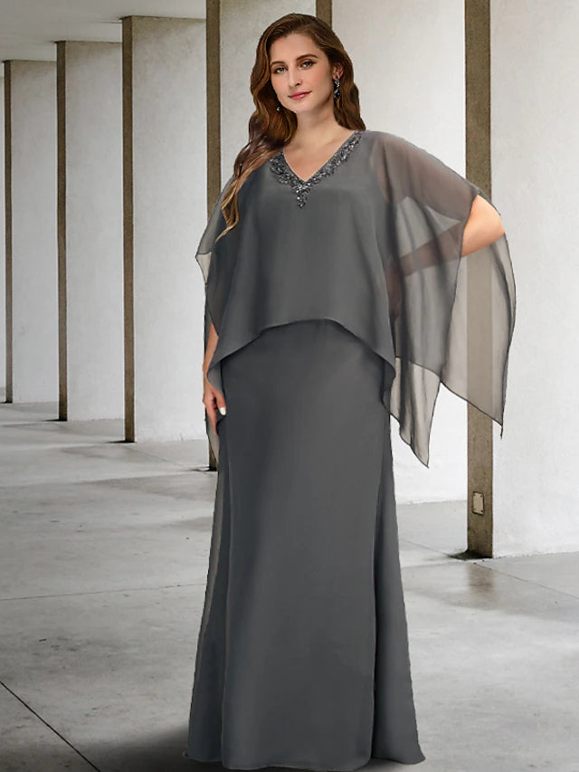 Elegant A-line plus size mother of the bride dress with V-neck and short sleeves.
