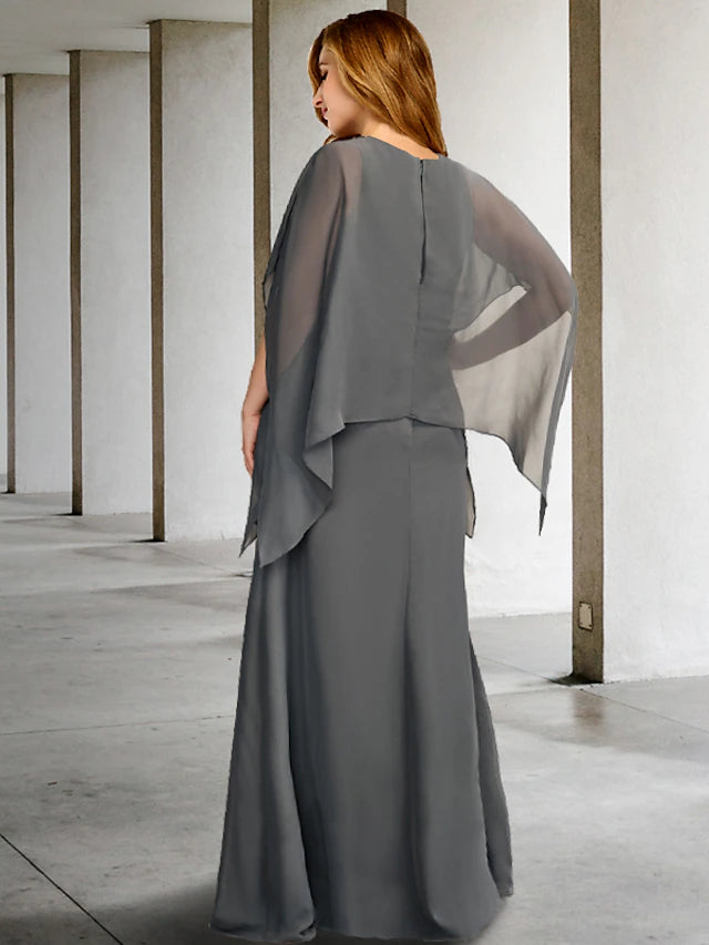 Side view of a floor-length plus size dress, showcasing its elegant silhouette.