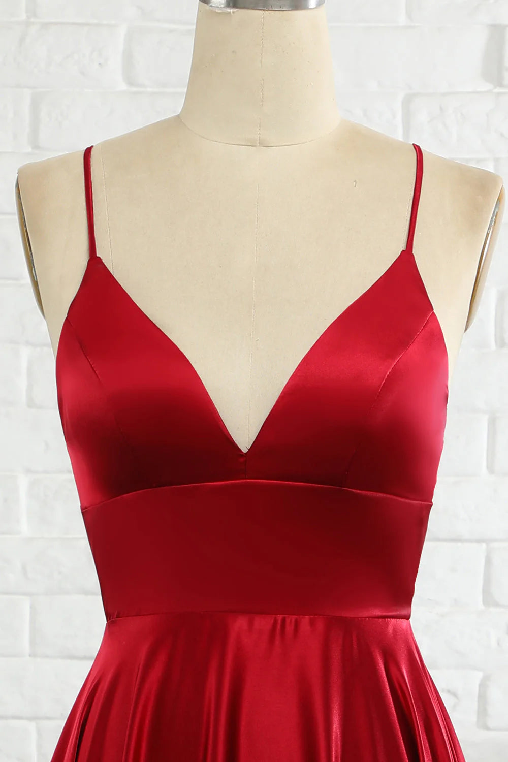 Side profile of the long A-line formal gown.