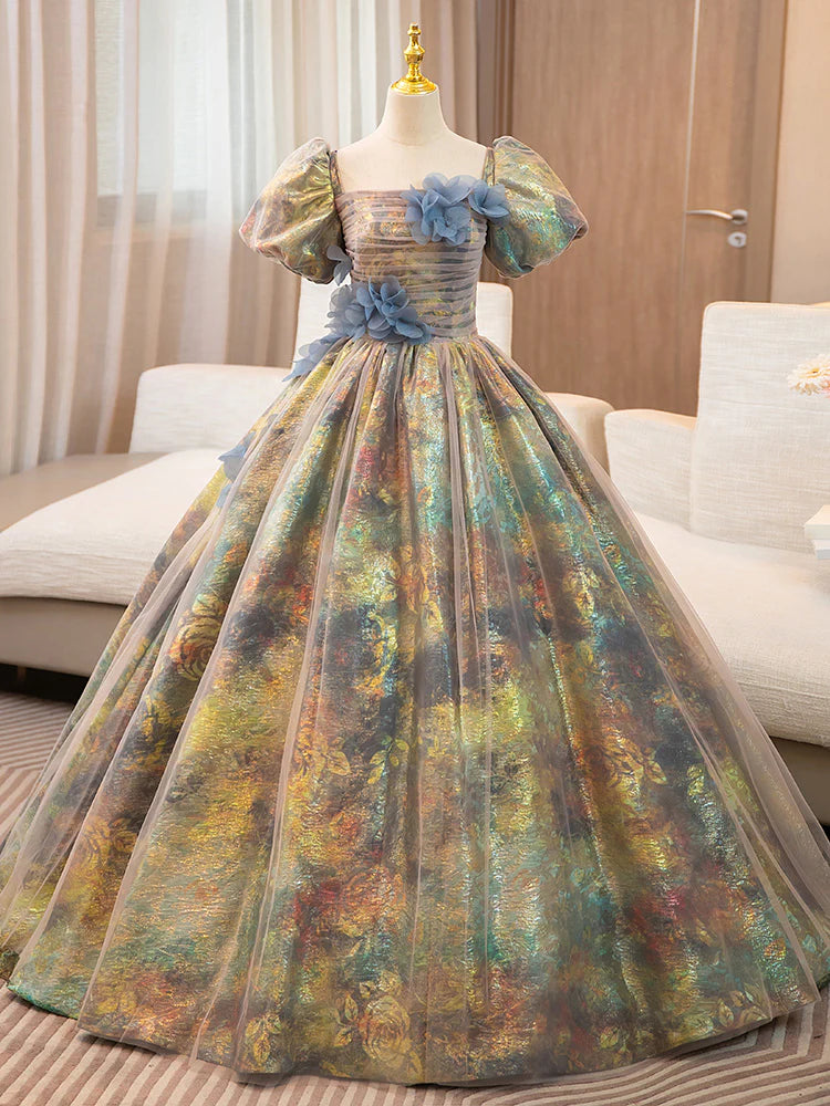 Model wearing an elegant A-line long prom dress with puff sleeves and floral details.