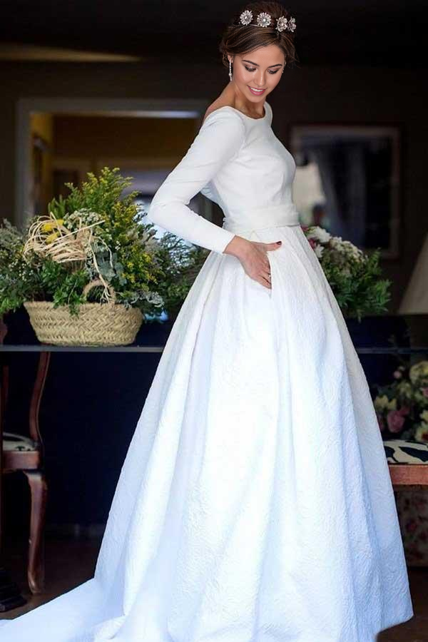 Elegant A-Line satin wedding dress with round neck, long sleeves, and backless design.