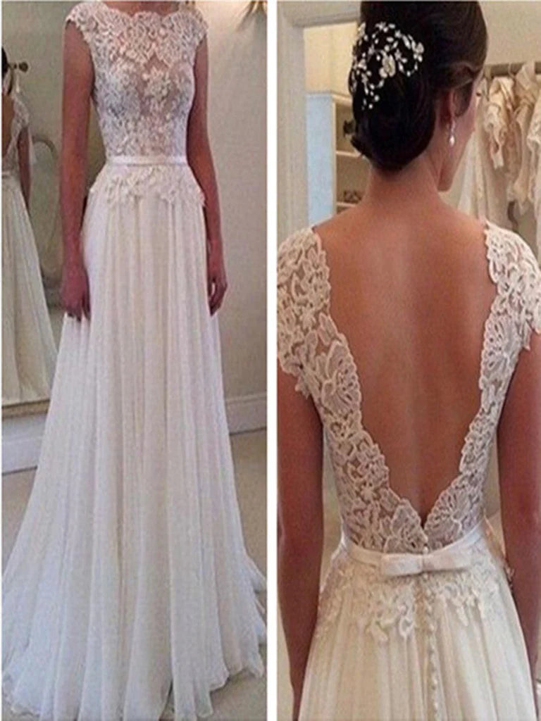 Elegant white lace A-line wedding gown with a round neck and backless design.