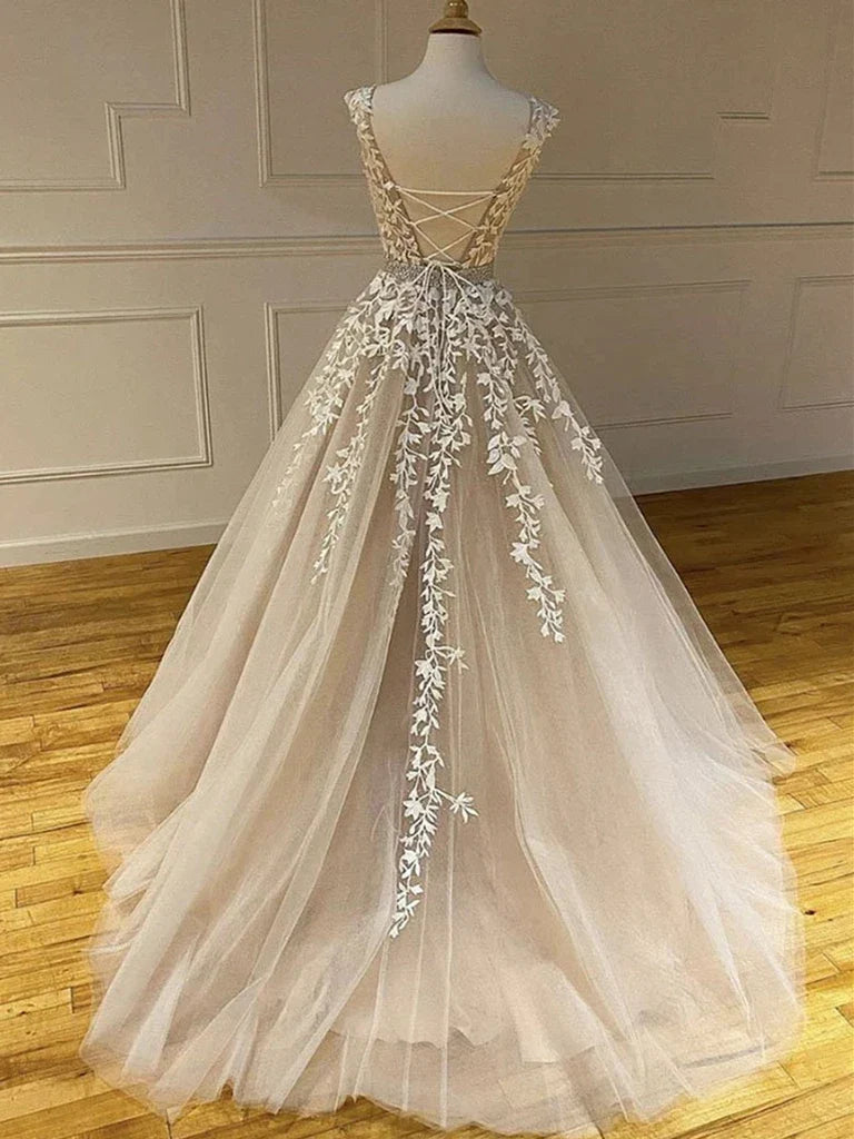 Elegant A-line tulle lace long formal dress, detailed view.